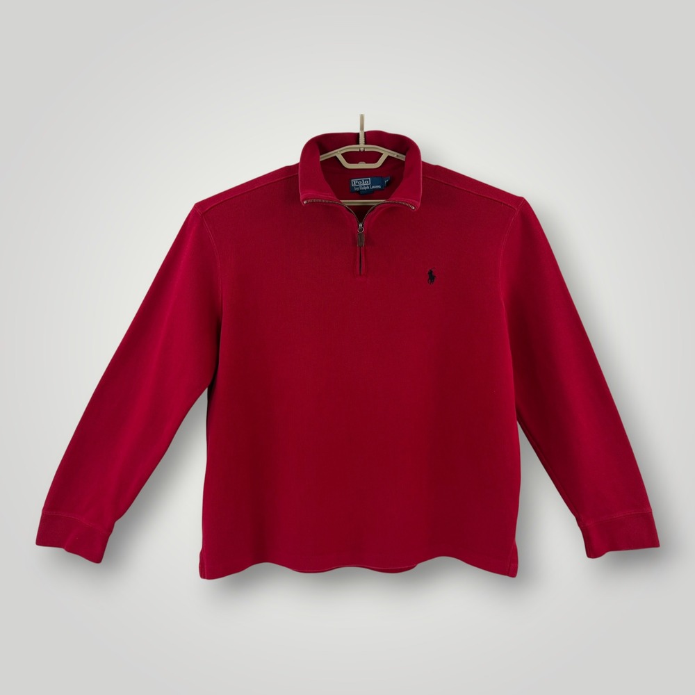 Polo Ralph Lauren Mens XL Red Ribbed Cotton Qtr Zip Pullover Sweater Blue Pony